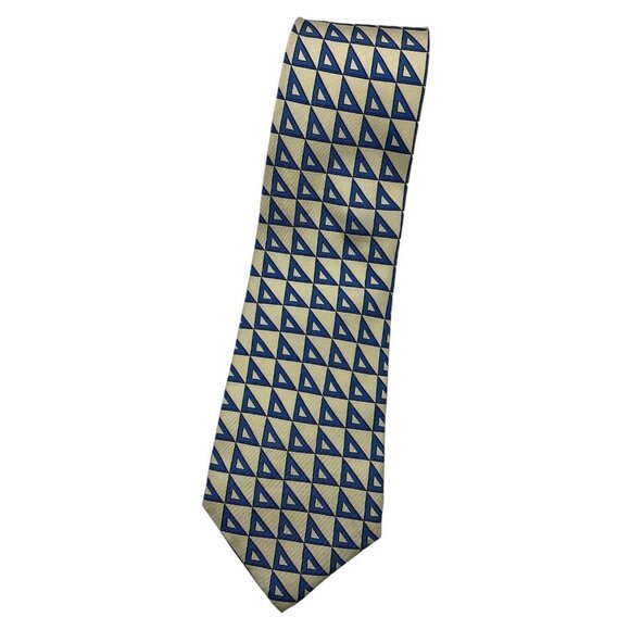 GUCCI Men's 100% Silk Necktie LUXURY Tie Ivory Blue Geometric W:3.8" EUC - Picture 1 of 5